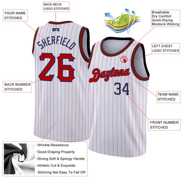 Custom White Navy Pinstripe Red-Navy Authentic Basketball Jersey