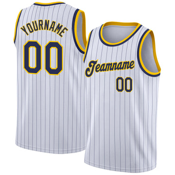 Custom White Navy Pinstripe Navy-Gold Authentic Basketball Jersey