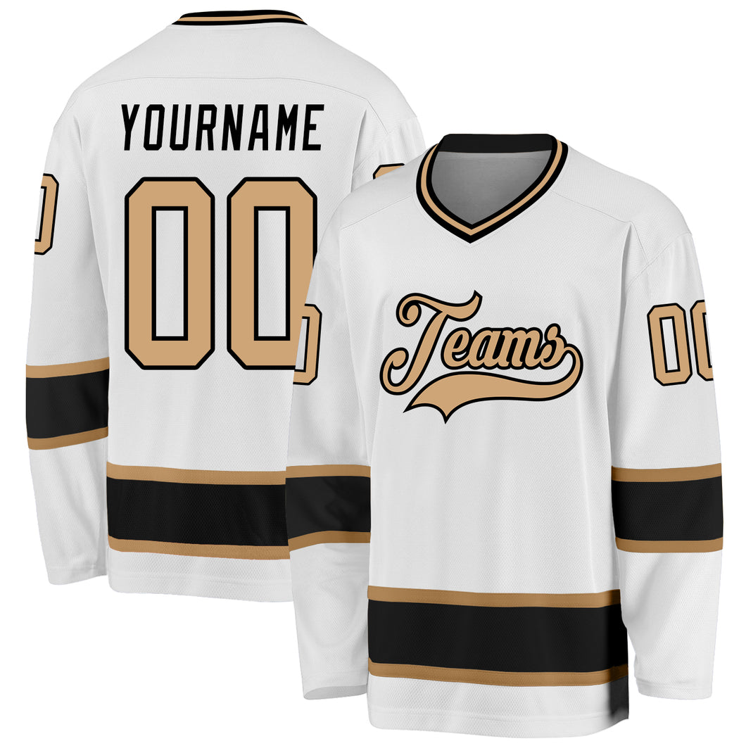 Custom White Old Gold-Black Hockey Jersey