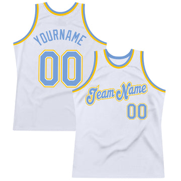 Custom White Light Blue-Gold Authentic Throwback Basketball Jersey