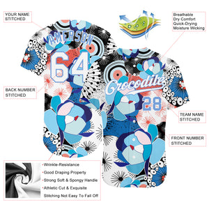 Custom White White-Light Blue 3D Pattern Design Flowers Authentic Baseball Jersey